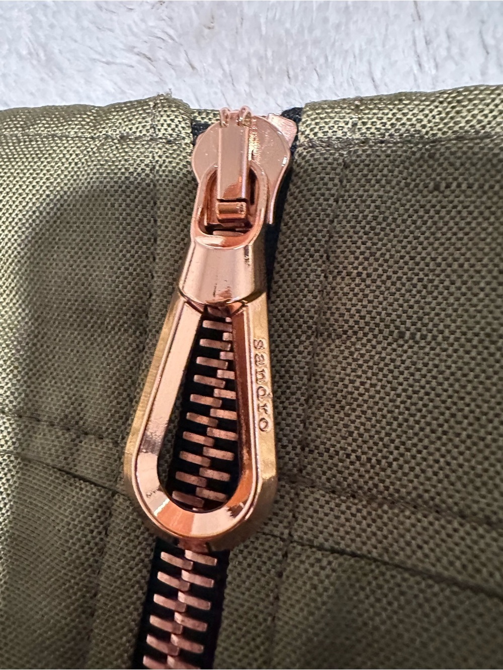 Sandro Paris Olive Green Mini Skirt with Front Rose Gold Zipper Size Small - Picture 8 of 14